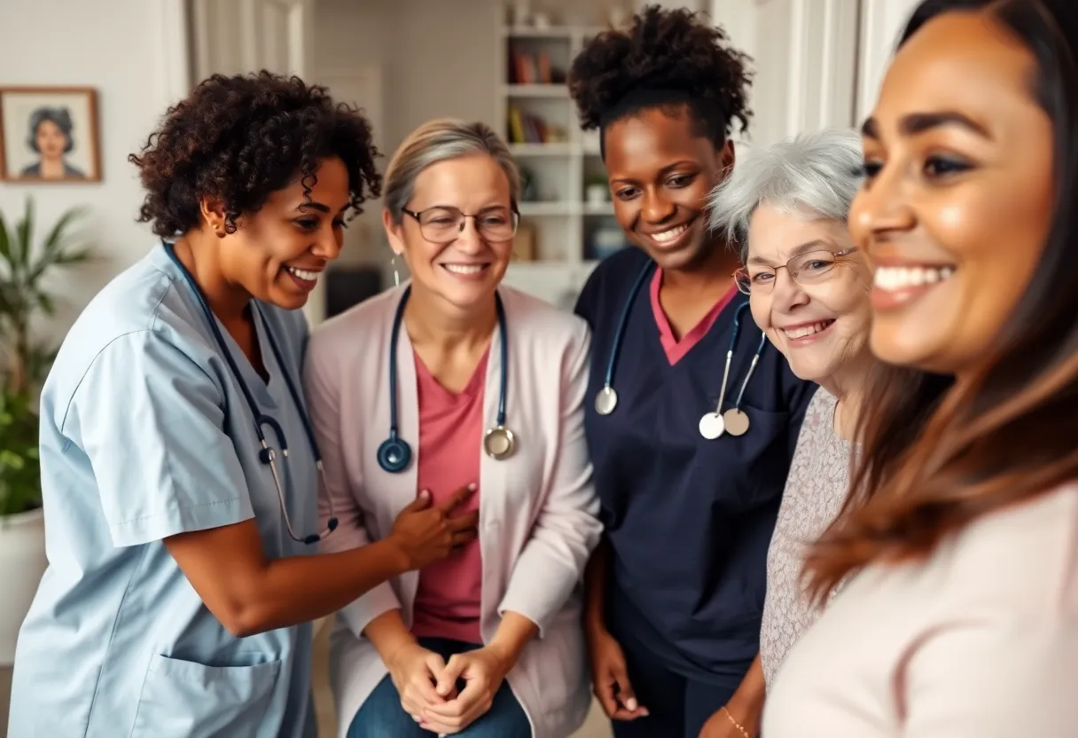 Diverse caregivers assisting elderly individuals in a home environment in Pennsylvania.