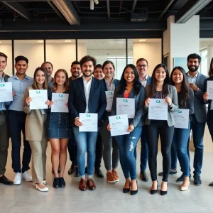 Young professionals celebrating their CPA licensure in an office.