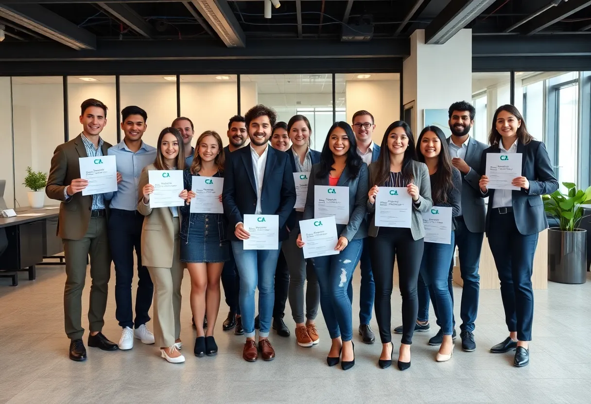 Young professionals celebrating their CPA licensure in an office.