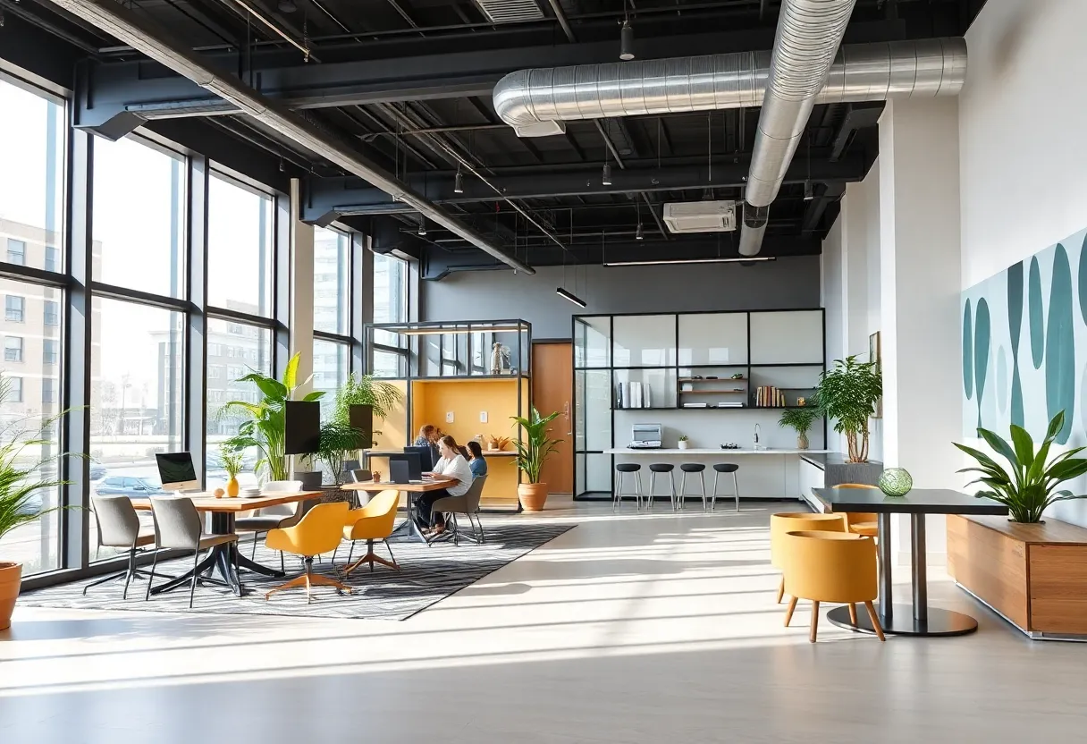 Renovated office space at Clark Capital with collaborative areas and wellness rooms.