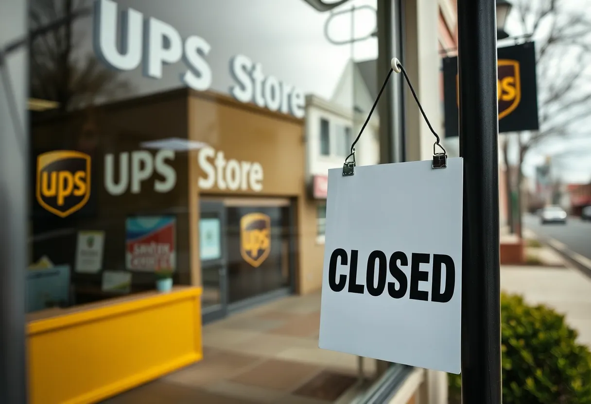 A closed UPS Store franchise with a sign in the window.