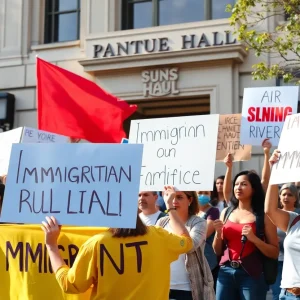 Community members protesting for immigrant rights outside city hall