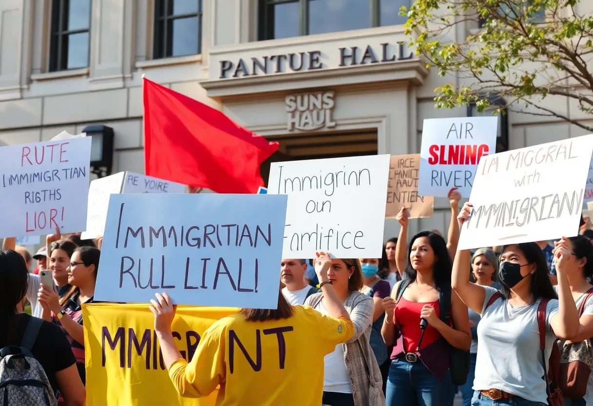 Community members protesting for immigrant rights outside city hall