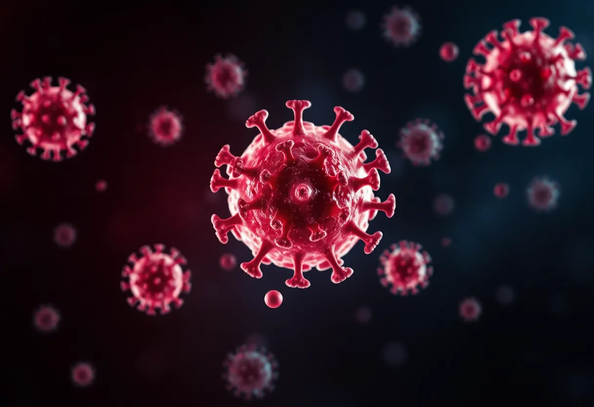 Artistic representation of the COVID-19 variant Nimbus and health awareness.