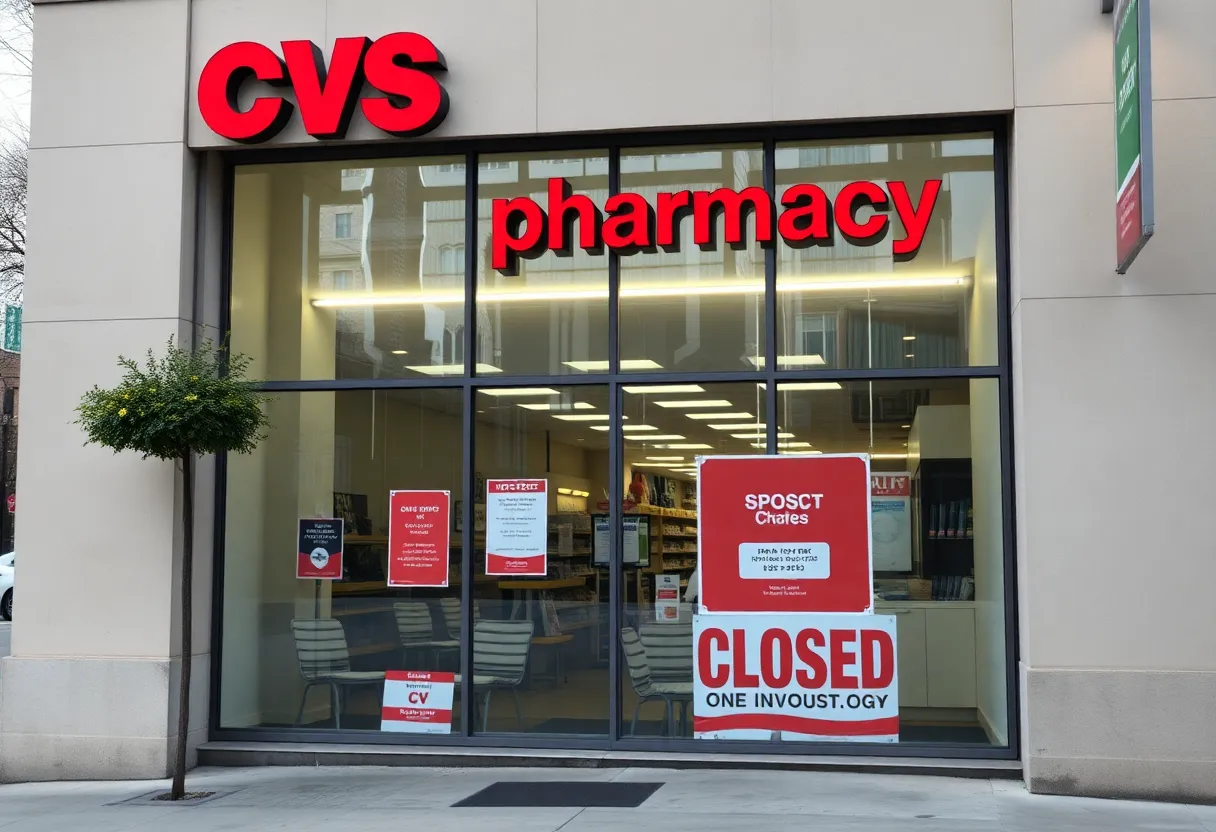Closed CVS Pharmacy storefront with a sign indicating closure