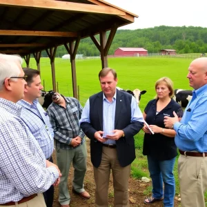 Officials discussing agricultural topics at Talview Dairy Farm