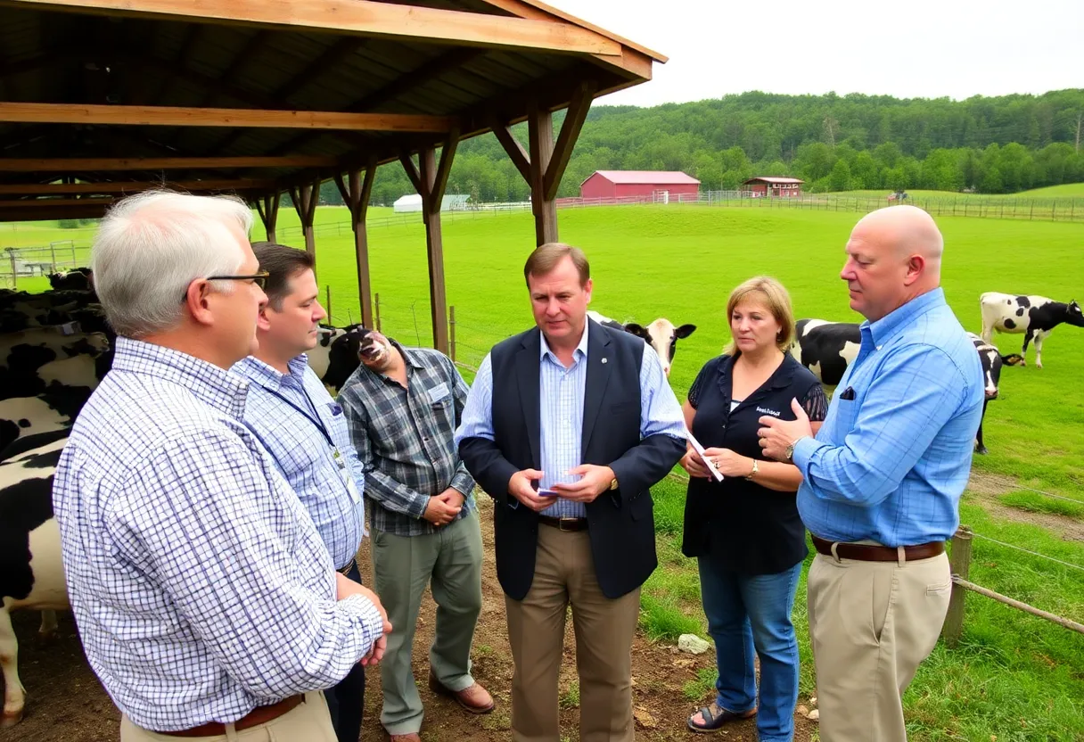 Officials discussing agricultural topics at Talview Dairy Farm