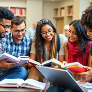 International students studying together in a university setting.