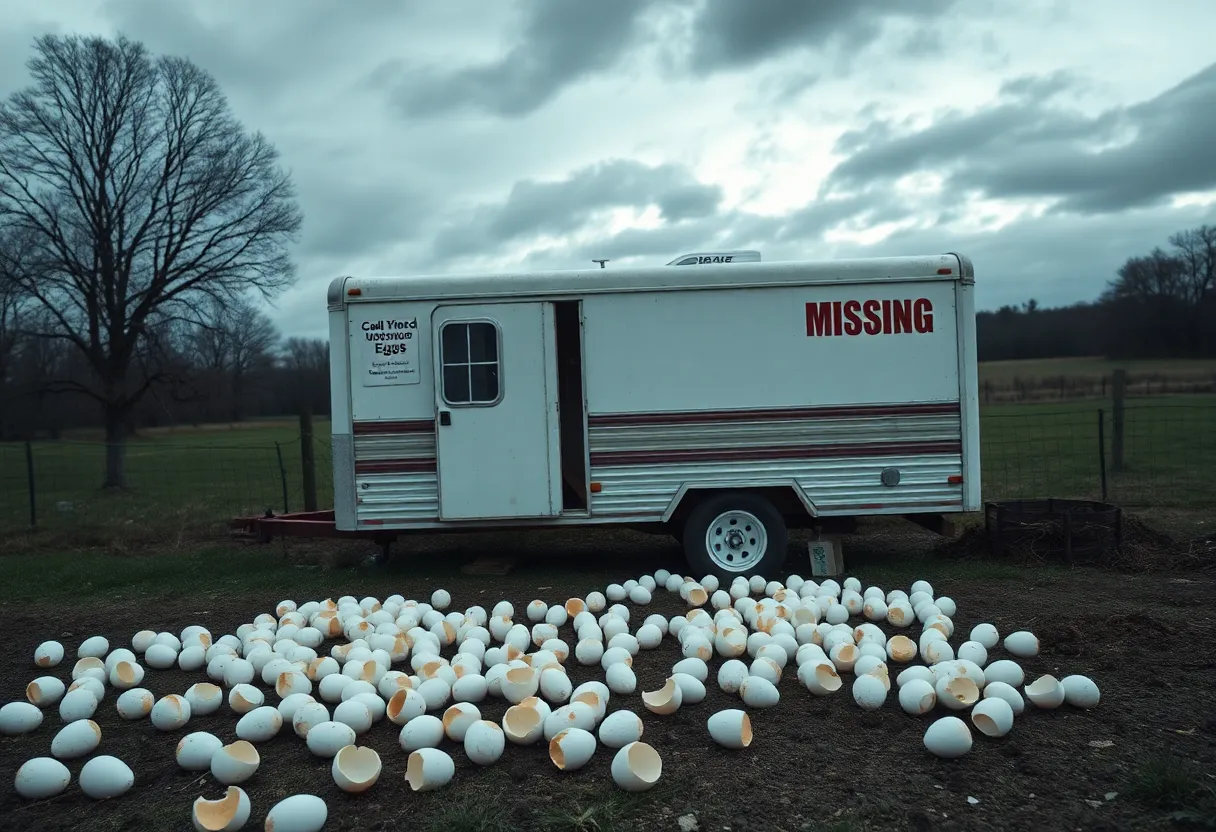 A trailer in a rural setting with missing signs and scattered eggshells, representing a significant egg theft.