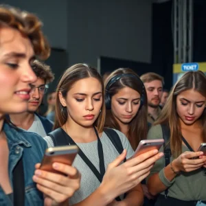 Group of frustrated event attendees checking their phones at a concert venue.