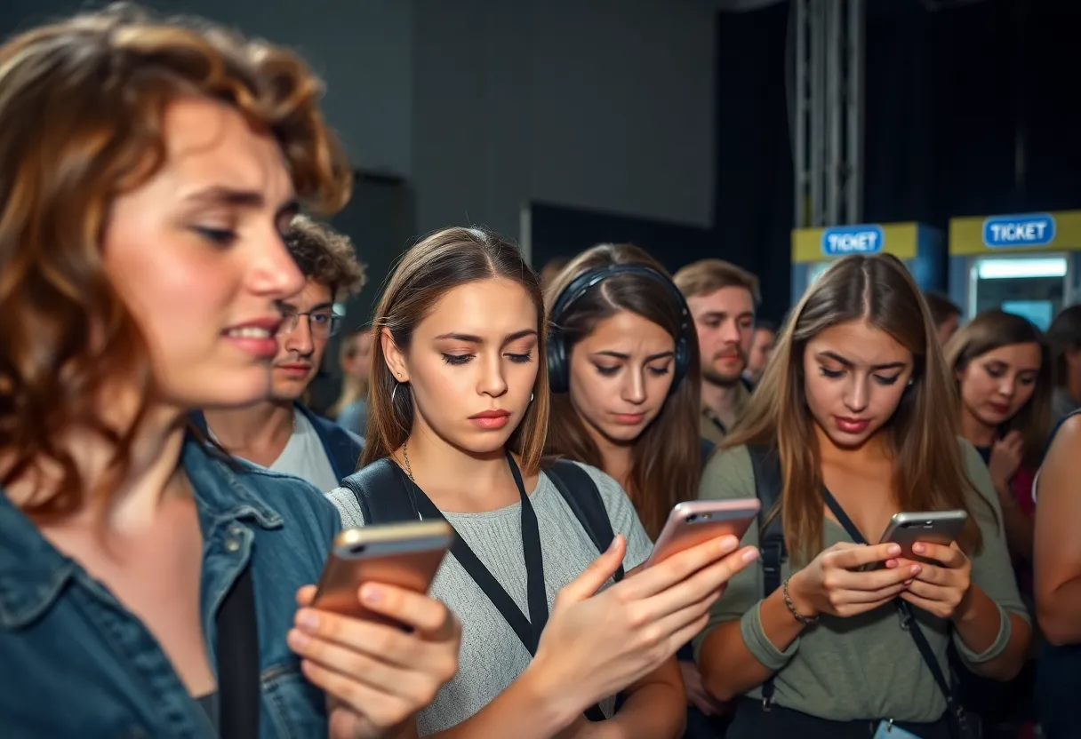 Group of frustrated event attendees checking their phones at a concert venue.
