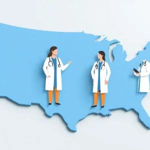 Images of healthcare professionals working together across states.