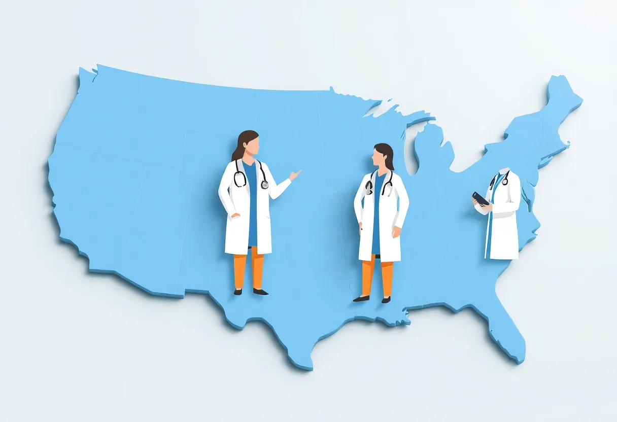 Images of healthcare professionals working together across states.