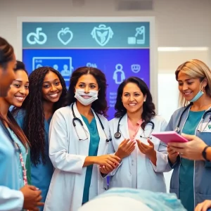 Diverse healthcare professionals collaborating in a modern workspace
