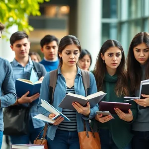Diverse group of international students studying at a college campus.