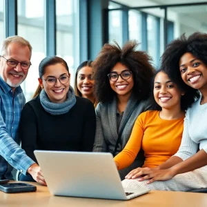 Diverse individuals engaged in a collaborative work setting promoting inclusivity.