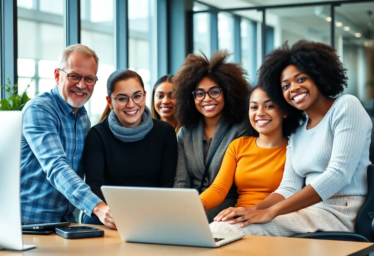 Diverse individuals engaged in a collaborative work setting promoting inclusivity.