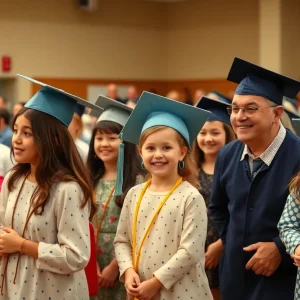 A joyful kindergarten graduation ceremony with parents and children celebrating.