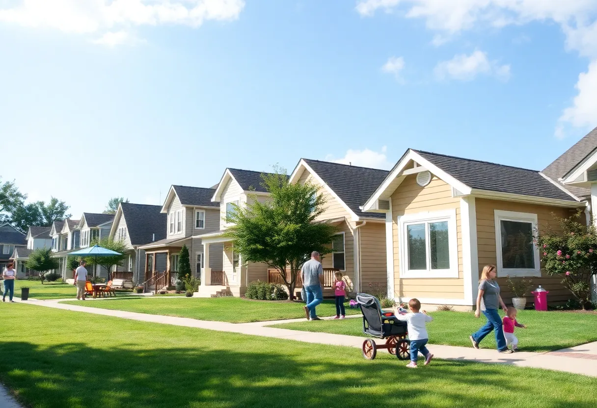 A lively neighborhood in Lehigh Valley, PA with homes and families outdoors.