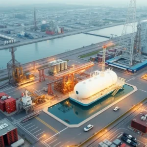 Illustration of a liquefied natural gas terminal in an industrial setting