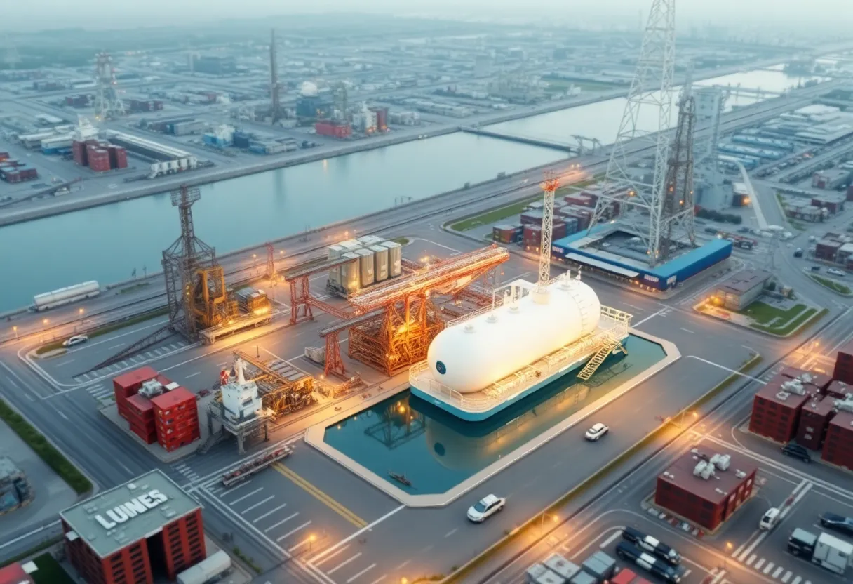 Illustration of a liquefied natural gas terminal in an industrial setting