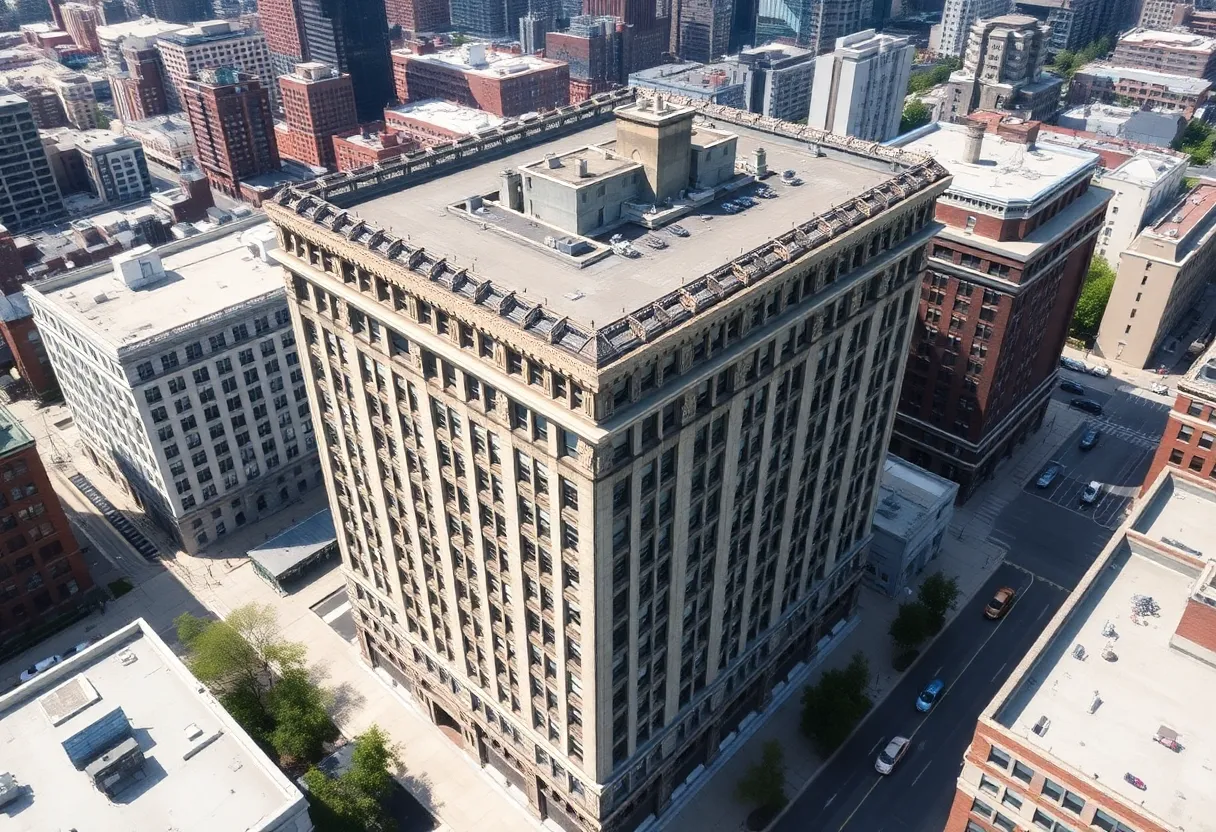 Aerial view of the Luzerne Bank building in Wilkes-Barre, PA