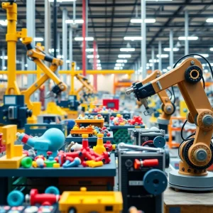 A modern toy manufacturing facility in Pennsylvania with robotic systems.