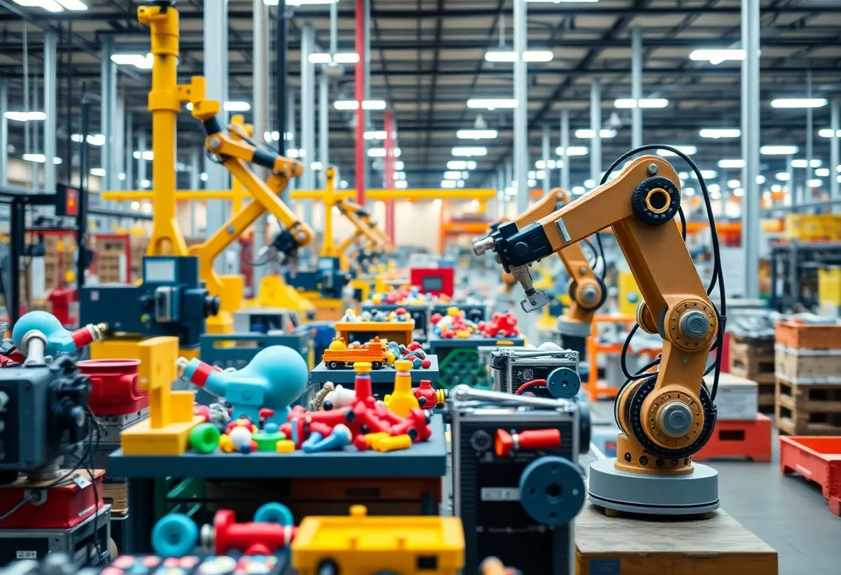 A modern toy manufacturing facility in Pennsylvania with robotic systems.
