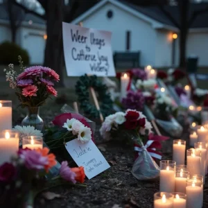 A memorial with flowers and candles for Katlyn Harp