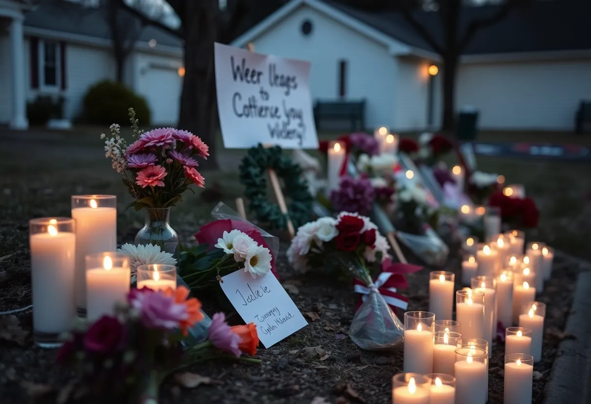 A memorial with flowers and candles for Katlyn Harp