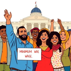 Illustration of workers celebrating a minimum wage increase in Pennsylvania