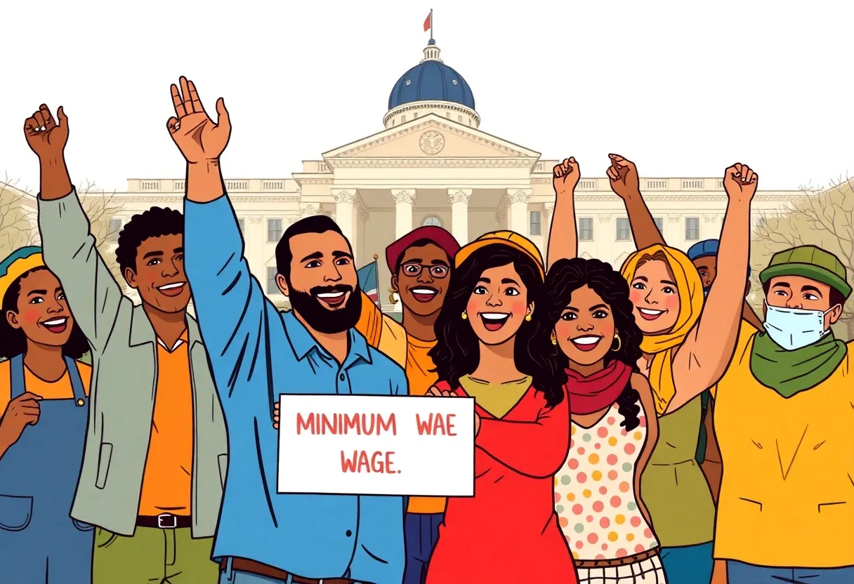 Illustration of workers celebrating a minimum wage increase in Pennsylvania