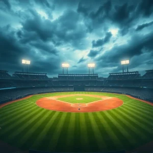 An illustration representing betrayal in sports management at a baseball stadium.