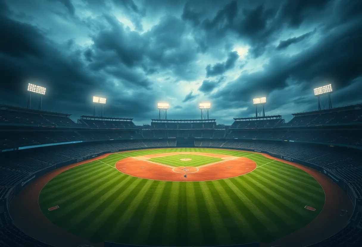 An illustration representing betrayal in sports management at a baseball stadium.