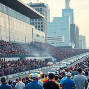 NASCAR race taking place at Franklin Field with urban backdrop