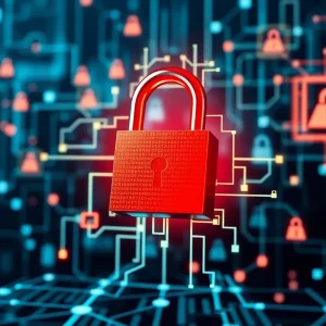 Digital representation of cybersecurity threats impacting insurance companies.