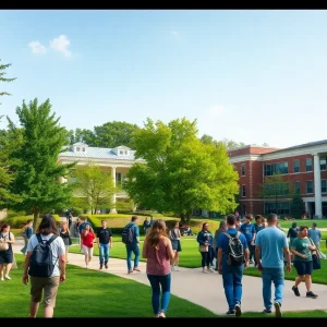 Campus view of Penn State University with students and buildings