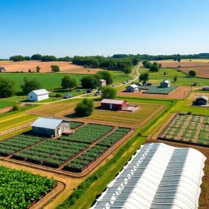Vibrant Pennsylvania farm landscape with various agricultural activities.