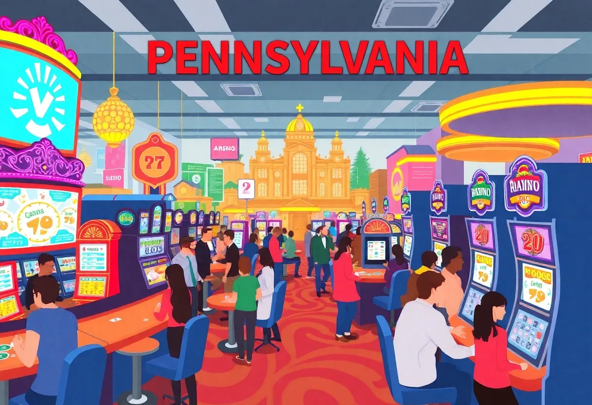 A lively Pennsylvania casino with patrons engaged in gaming activities.