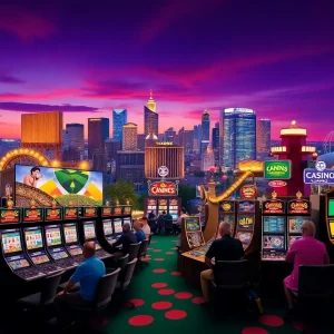 Image showcasing the growth of gambling in Pennsylvania with colorful depictions of casinos and gamblers.