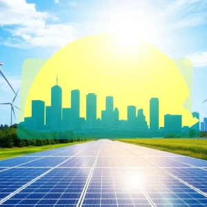 Illustration of Pennsylvania clean energy solutions including wind turbines and solar panels.
