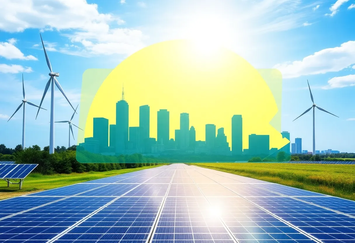 Illustration of Pennsylvania clean energy solutions including wind turbines and solar panels.