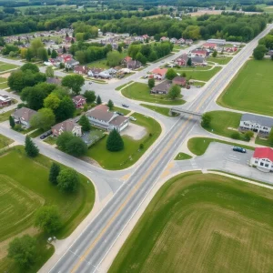 Aerial view of a Pennsylvania community with enhanced infrastructure funded by natural gas impact fees