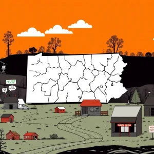 Illustration depicting the economic challenges in Pennsylvania with a focus on rural areas and population decline.