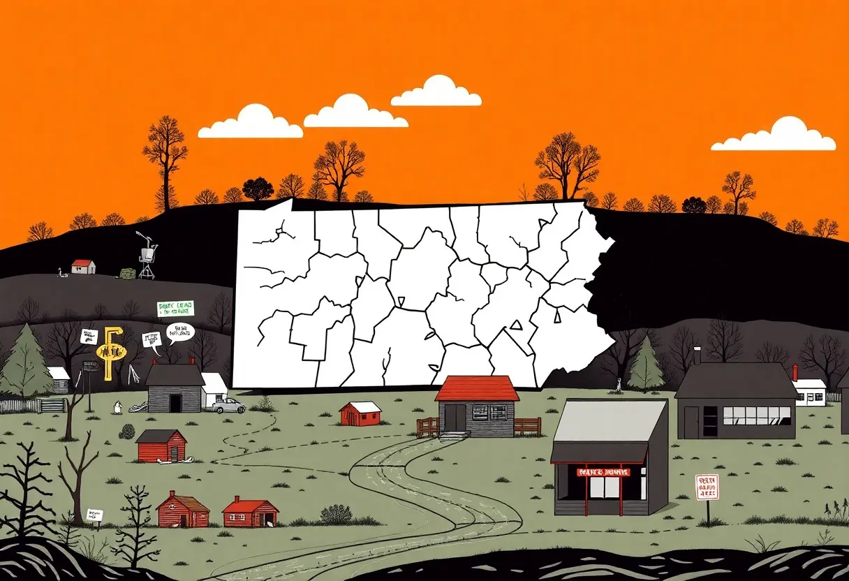 Illustration depicting the economic challenges in Pennsylvania with a focus on rural areas and population decline.