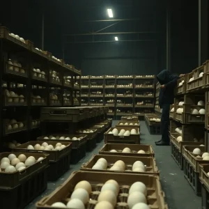 Warehouse with empty egg crates depicting a theft scenario