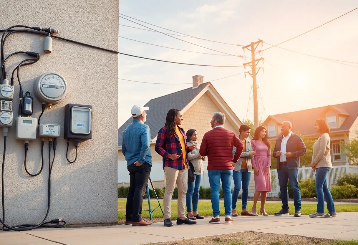 Residents discussing energy options amidst rising electricity bills.