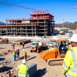 Construction site in Pennsylvania with workers and machinery