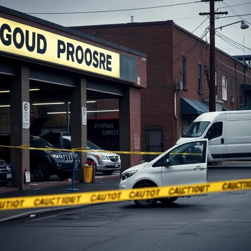 An auto repair shop in Philadelphia with police activity outside.