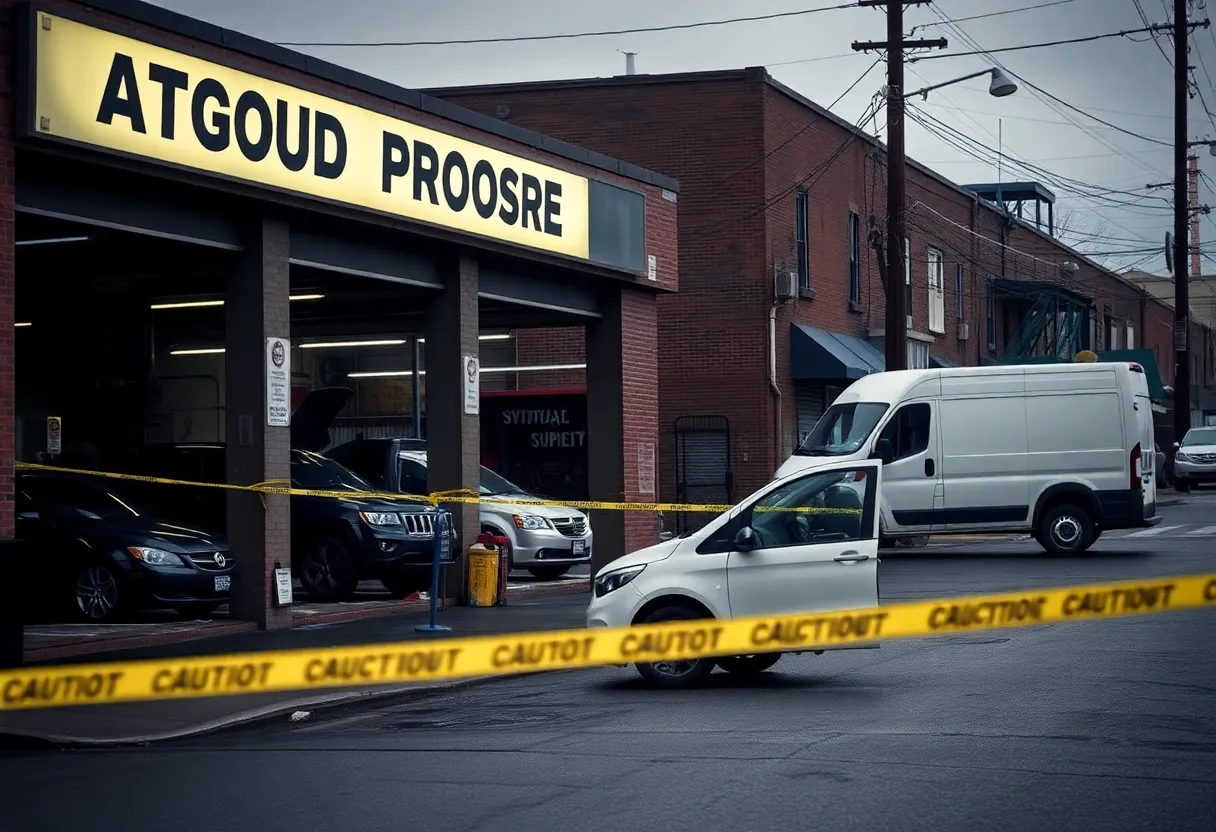 An auto repair shop in Philadelphia with police activity outside.